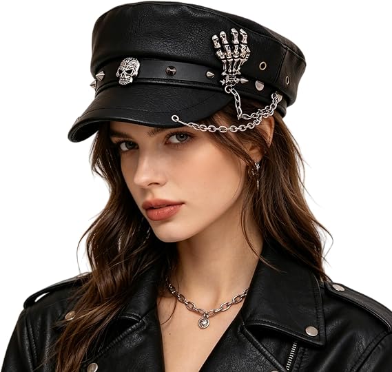 Punk PU Leather Newsboy Cap Gothic Biker Beret with Chain/Ring/Skull/Bull Accents Flat Top Visor Hat for Women Men - skull hat