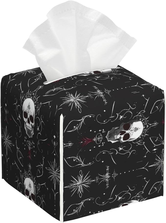 Skulls and Mystical Symbols A for Tissue Box Cover, Square Leather Tissue Box Holder/Organizer with Bottom Belt Modern Creative Decorative for Bathroom, Tabletop, Office - skull toilet paper