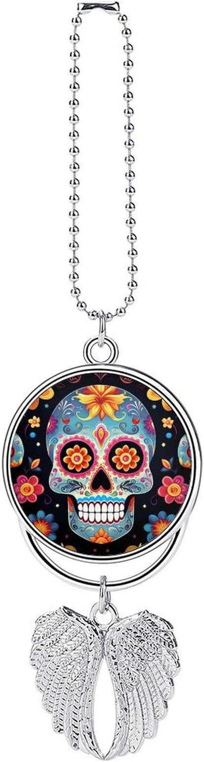 Sugar Skulls Car Pendant Hanging Swing Auto Rear View Mirror Hanging Car Rear View Mirror Charm Truck Hanger Ornament Charm for Car Rear View Mirrors Accessories - sugar skull ornament