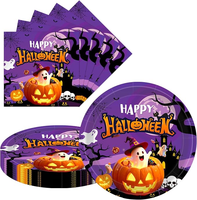 20 Pcs Paper Plates 9Inch and 20 Pcs Napkins，Halloween - skull plate