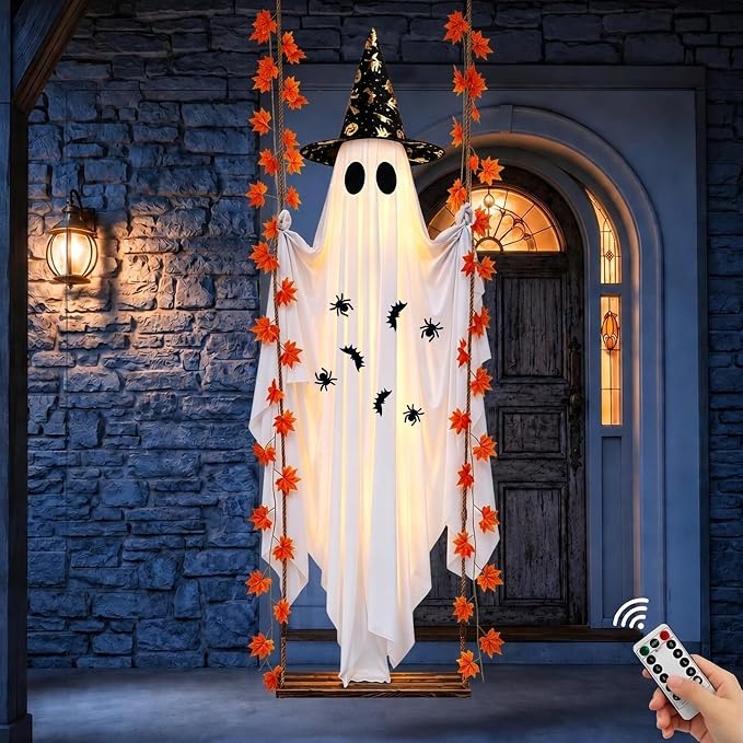 Halloween Decorations Outdoor, 5.4FT Large Hanging Swing Ghost Outdoor Decor with Witch Hat & Maple Leaf Vine, Remote Control LED Lights 8 Modes, Halloween Ghost Decorations for Front Porch Yard Tree - skull wreath