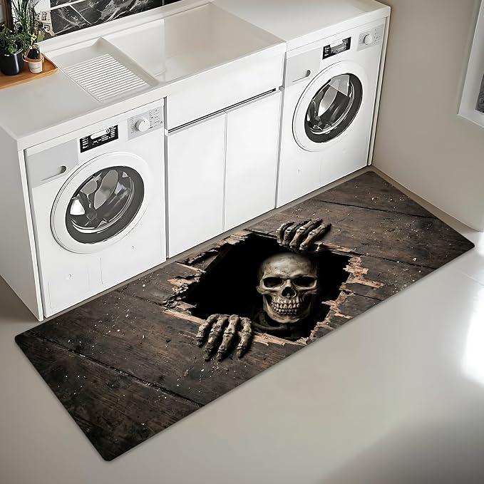 Halloween Laundry Room Rug Runner 47×20 Inch, Non Slip Waterproof Washable Kitchen Mat, Skull Absorbent Floor Runner Rug for Halloween Laundry Room, Entryway, Hallway Decor