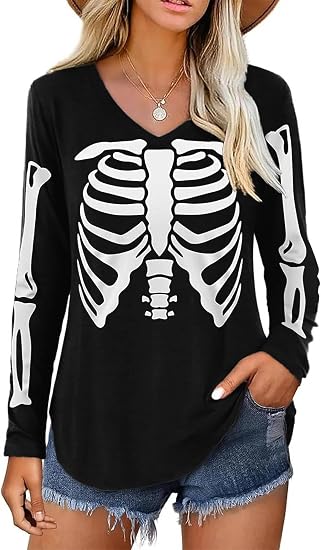 Halloween Shirts for Women Long Sleeve V Neck Top Funny Ghost Graphic Tees - skull tshirt