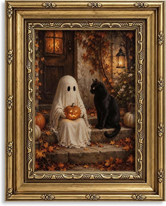 Pigort Vintage Gold Framed Spooky Halloween Wall Art – 8×10 Haunted House & Jack-o’-Lanterns Canvas Painting Print with Ghosts, Pumpkins & Atmospheric Holiday Decor for Home, Bedroom, or Party Room (A)