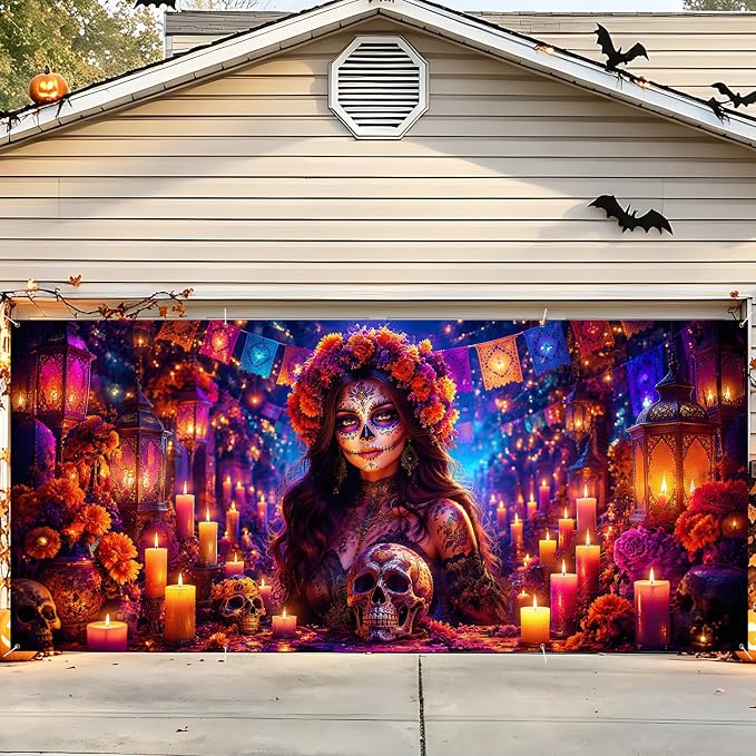 Catrina Sugar Skull Garage Door Cover 6×13 ft, Halloween - sugar skull makeup