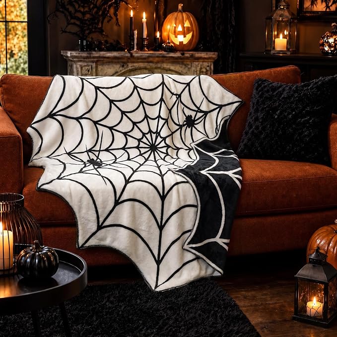 Breling 51 Inch Halloween Gothic Spider Web Blanket - skull blanket