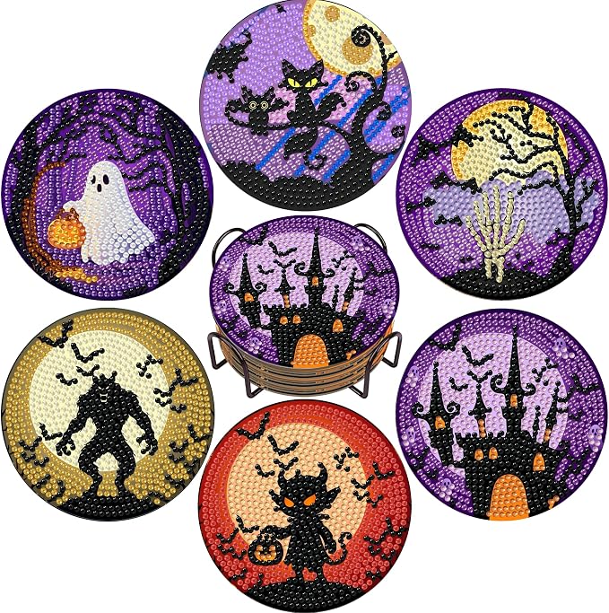6 Pcs Halloween Diamond Art Coasters Kits,Diamond Painting Coasters Kits - skull coaster