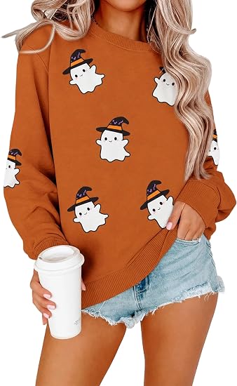 Halloween Sweatshirt Women Spooky Season Sweaters Sequin Skeleton Shirt - skull tshirt