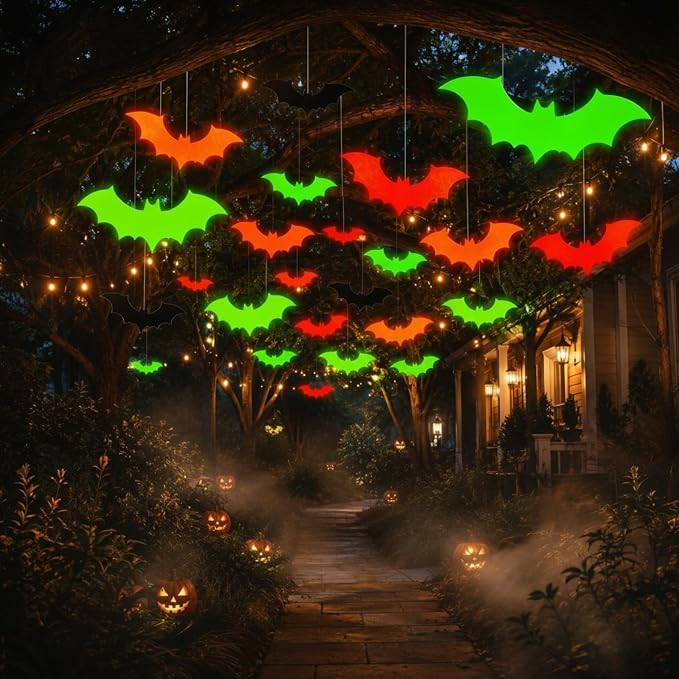 Gersoniel 16 Pcs Thickened Neon Halloween Bat for Outdoort Glow in Dark Bat - string light