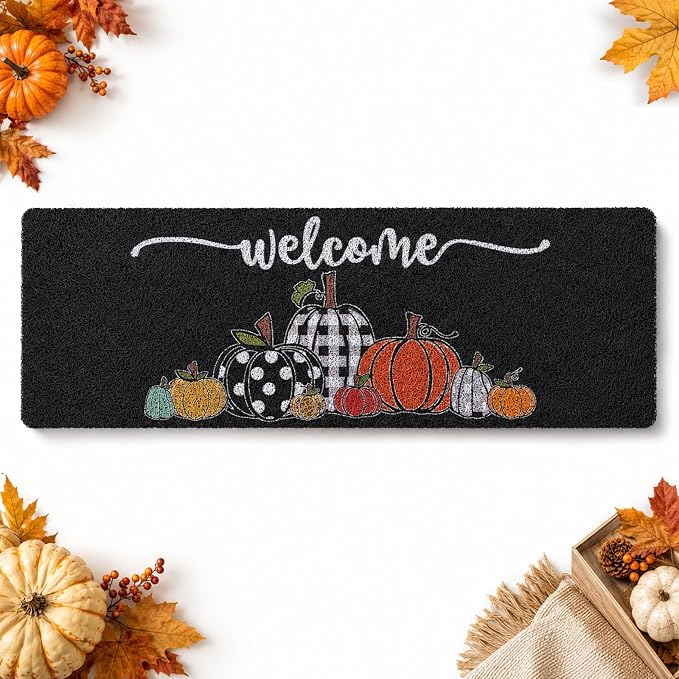 Fall Long Doormat 48 x 16 Inch, Pumpkin Welcome Mat for Double Front Door, Non-Slip Faux Coir Outdoor Porch Rug for Halloween Thanksgiving, Black - skull door mat
