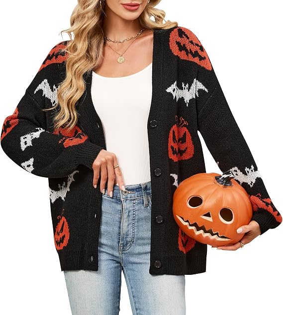 Halloween Sweaters for Women Pumpkin Cardigan Knit Outerwear - skull jacket