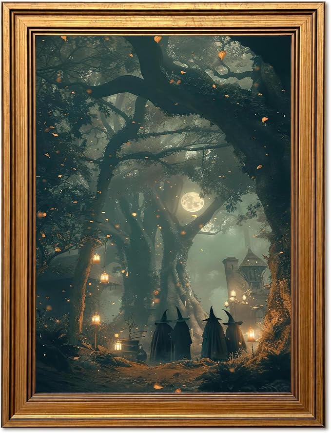 Vintage Gold Framed Halloween Witch Wall Art, Gothic Dark Academia Witchy Wall Decor Paintings, Spooky Full Moon Forest Pictures Canvas Prints Moody Home Decor for Living Room Bedroom 8×10 Inch