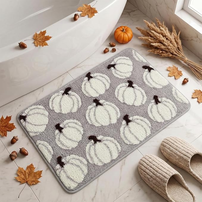 Fall Pumpkin Bath Mat 16×24 Inch Grey Autumn Thanksgiving Bathroom Rug
