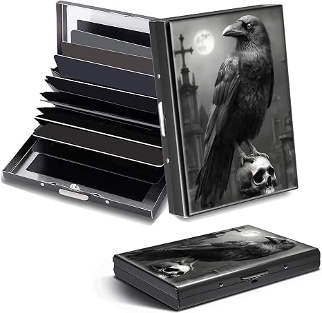 Credit Card Holder Crow Skull Design Mini RFID Blocking Aluminum Wallet Slim Metal Hard Cover Shell Travel Wallet ID Cases Small Credit Cards Case Business Cards for Women Men Girls - skull wallet