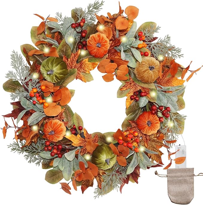 20 Inch Pre-Lit Pumpkin Fall Wreath for Front Door, 30 White LEDs