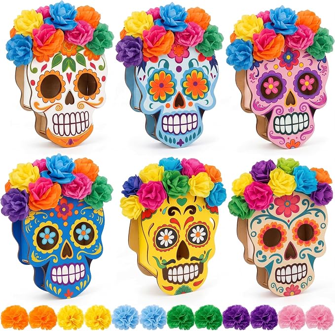 Novabright 6 Pcs Day of The Dead Skull Decorations with 72 Pcs Marigolds - skull figurine
