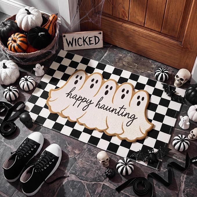 Honoson 2 Pcs Halloween Ghost Doormat,Happy Haunting Black White Checkered - skull door mat