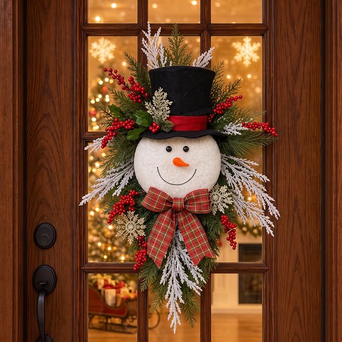 Suncalla 20" Christmas Snowman Wreath for Front Door Winter Decoration Sign - skull wreath