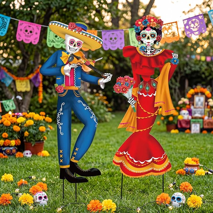 SiliFine 2 Pcs Dia De Los Muertos Yard Signs Sugar Skull Outdoor Decoration - skull inflatable