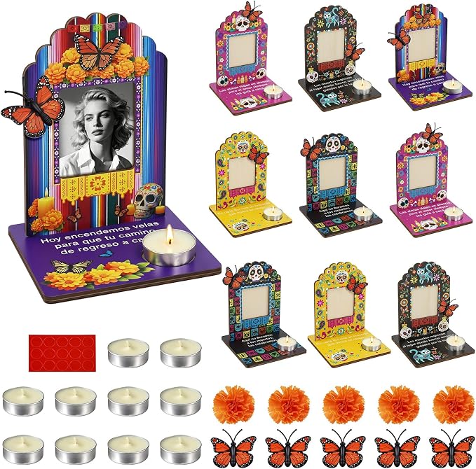 Dia De Los Muertos Decorations Picture Frames Set of 10 - Day of the Dead Altar Kit with Mini Sugar Skull, Marigold Flowers, Artificial Monarch Butterfly, Candle - Ofrenda Decor for Mexican Party Home Grave - skull candle