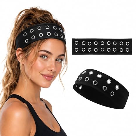 Y2K Grunge Punk Wide Grommet Headbands, Stretchy Metal Eyelet Y2K Hair Accessories, Black Headband Goth Headband Punk Accessories for Women - skull headband