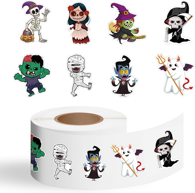 500 Pcs Halloween Stickers Roll Skeleton Vampire Ghost Mummy Sticker Self Adhesive Waterproof Cartoon Birthday Party Decorations Supplies Favors for Water Bottles Skateboard Laptop Bike Phone - skull sticker