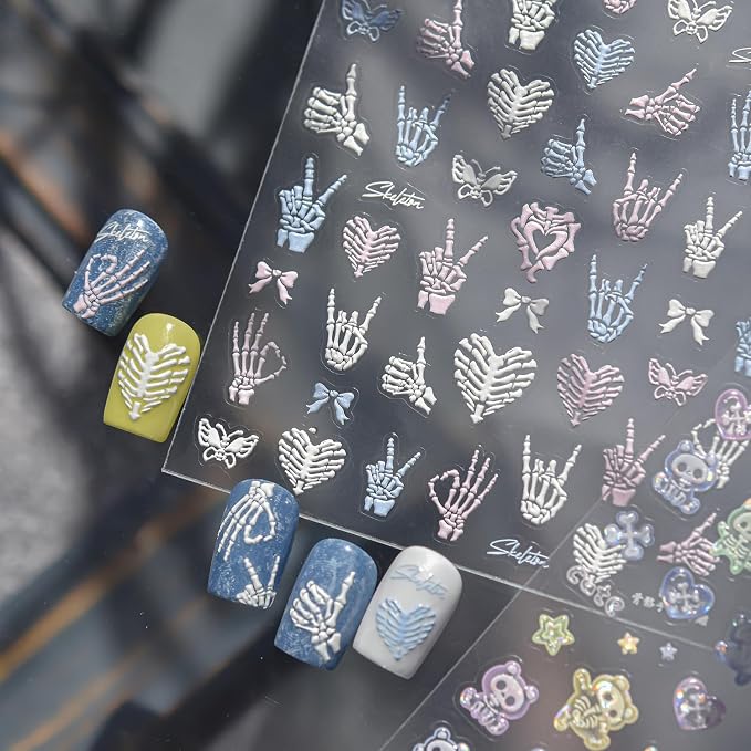 Skeleton Nail Art Stickers 5D Embossed Nail Decals Skull Hand Heart Butterfly Bow Design Nail Art Supplies Gothic Halloween Nail Stickers Self-Adhesive Manicure Sliders for Women Nail Decorations - skull sticker