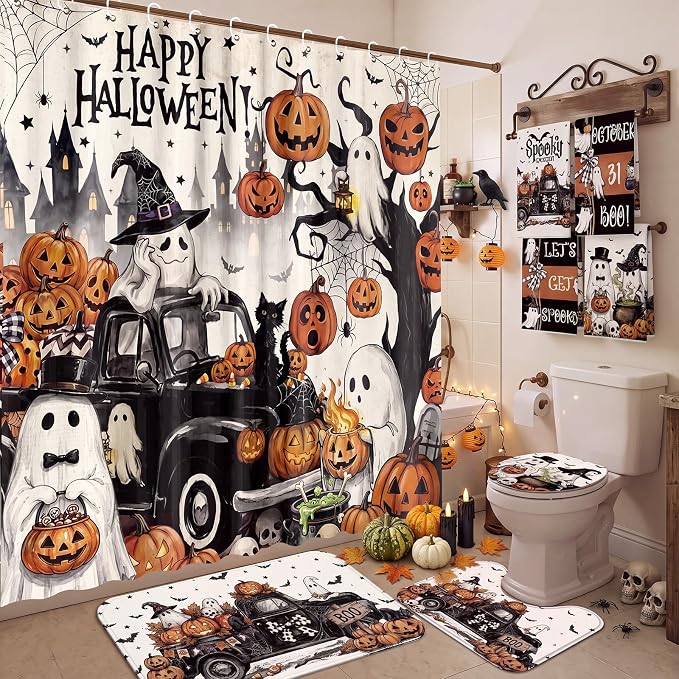 8 Pcs Halloween Bathroom Decor Ghost Scary Shower Curtain Set - skull toilet mat