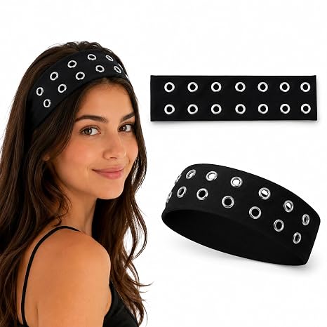 Y2K Grunge Punk Wide Grommet Headbands, Stretchy Metal Eyelet Y2K Hair Accessories, Black Headband Goth Headband Punk Accessories for Women - skull headband
