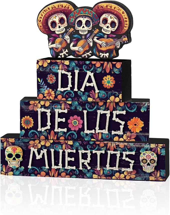 Smile Dia de los Muertos Wooden Block Decor - skull plate