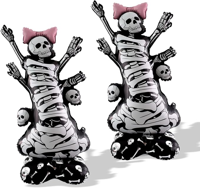 Skull Balloons, 2 Pack 59 Inch Standing Skeleton Halloween Foil Mylar Balloons, Large Halloween Balloon for Haunted House, Trick or Treat Party Supplies, Indoor Outdoor Halloween Decorations - skull inflatable