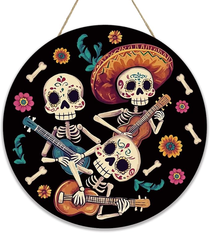Smile Dia de los Muertos Wooden Round Door Hanger