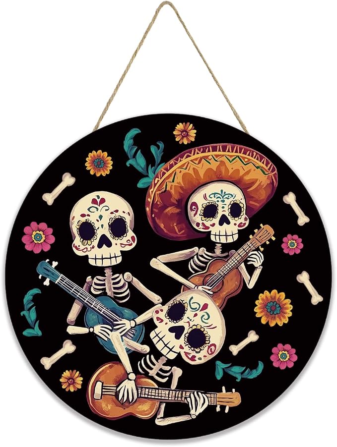 Smile Dia de los Muertos Wooden Round Door Hanger - skull wreath