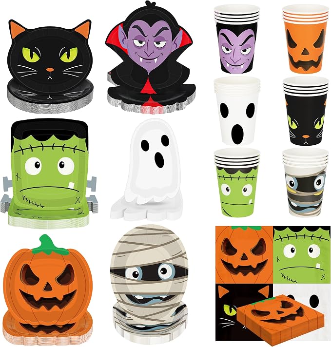 96Pcs Halloween Plates Sets, Disposable Halloween Plates and Napkins Cups - skull plate
