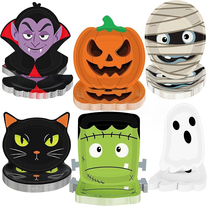 50 PCS Halloween Paper Plates, 6 Styles Halloween Cartoon Spooky Decoration - skull plate