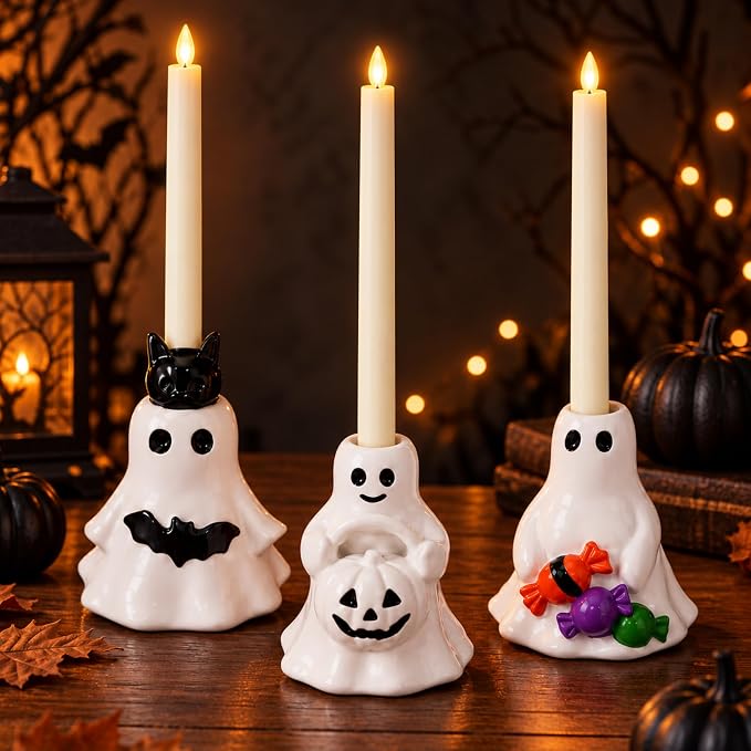 Havawish 3 Pcs Halloween Ghost Candlestick Holder Cute Ghost Candle Holder - skull candle