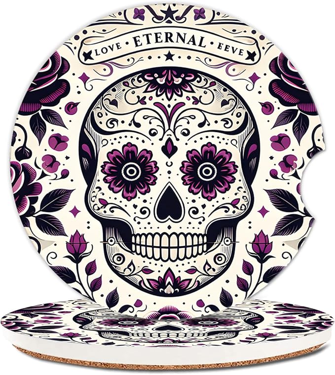 Ceramic Cup Holders Car Coasters for Women/Men,Fashion Absorbent Drink Cup Car Holder Coasters with A Finger Notch 2.56" Pack of 2,Sugar Skull Rose - skull coaster
