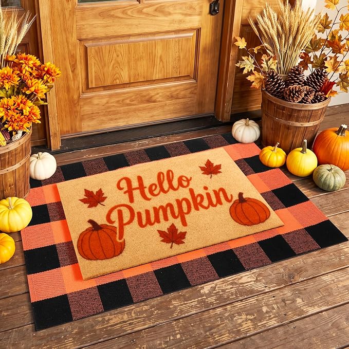2 Pcs Layered Coir Front Doormat Set, Pumpkin, Durable & Non Slip Backing - skull door mat