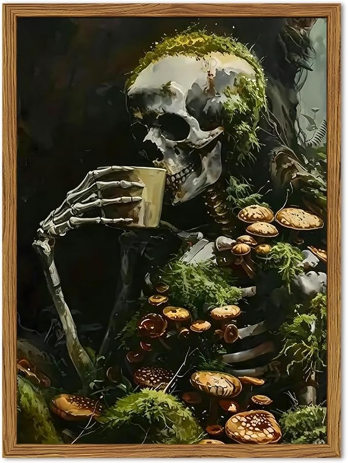 Framed Vintage Gothic Skeleton Wall Art, Moody Dark Academia Mushroom Skull Drinking Pictures Wall Decor, Halloween Spooky Forest Paintings Canvas Prints Artwork for Living Room Bedroom 12x16 inch - skull painting