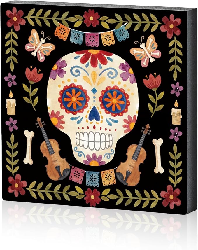 Smile Dia de los Muertos Wooden Block Decor - skull plate