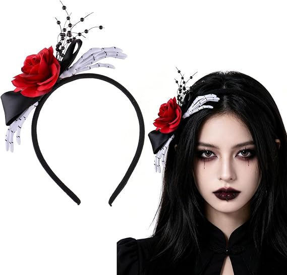 AUOCATTAIL Halloween Headband Gothic Skeleton Hand Red Rose Hair Band Black Ribbon Beaded Headpiece for Day of the Dead Cosplay Costume Party - skull headband