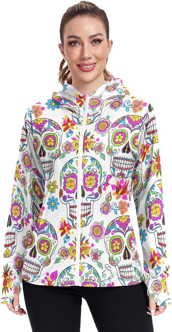 Mexican Sugar Skulls Women UPF 50+ Sun Protection Hoodie Jacket Long Sleeve Sun Shirt, Pockets - skull hoodie