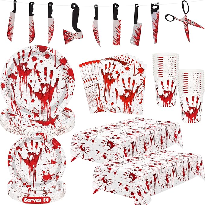 99 Pcs Halloween Paper Plates and Napkins 24 Set Bloody Tablecloth Banner - skull plate