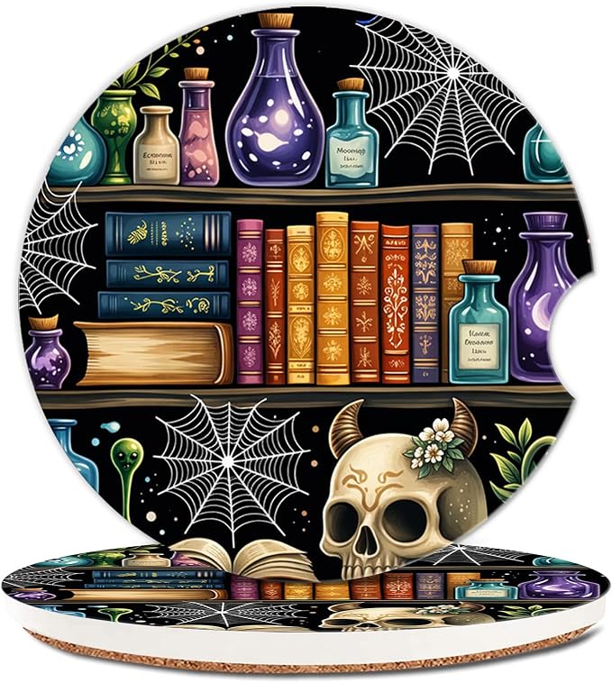 Ceramic Cup Holders Car Coasters for Women/Men,Fashion Absorbent Drink Cup Car Holder Coasters with A Finger Notch 2.56" Pack of 2,Library Skull - skull coaster