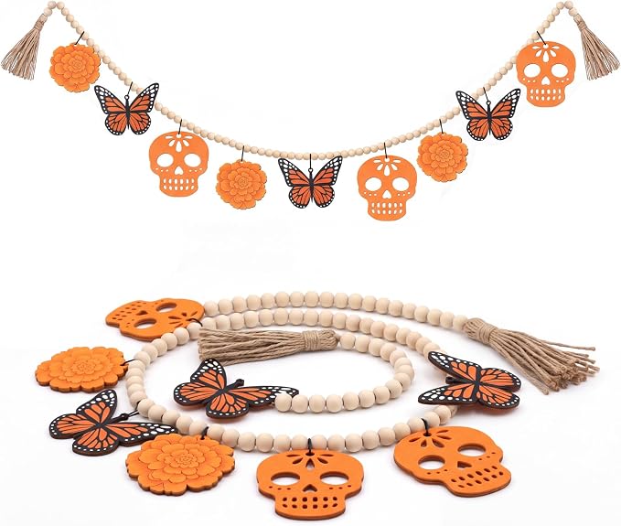 4.92 ft Day of the Dead Wooden Bead Garland, Skull Butterfly
