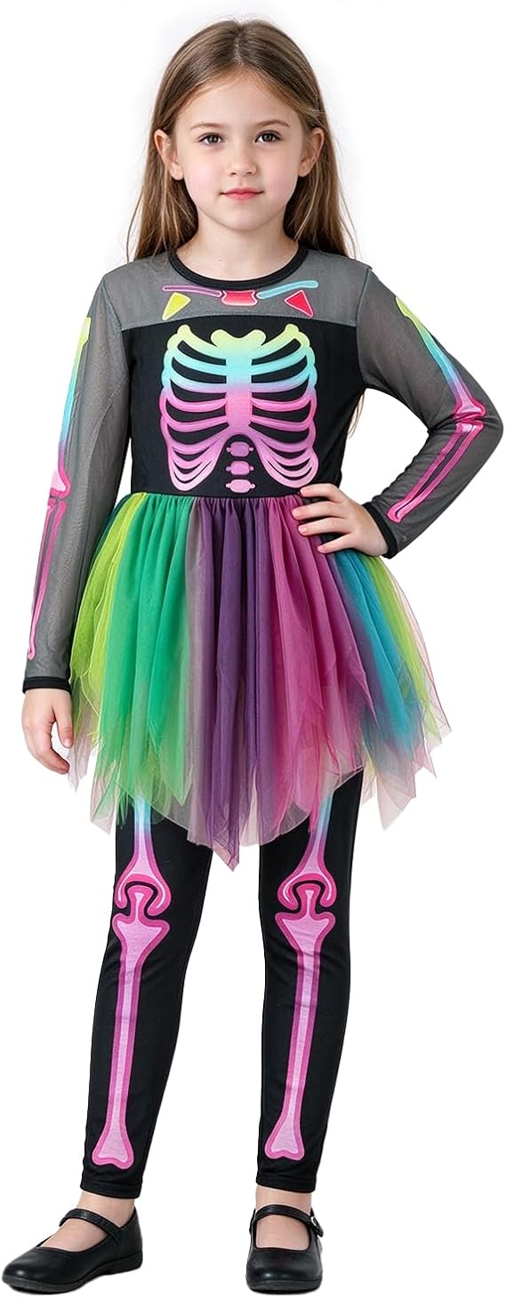 Girls Kids Skeleton Costume Ghostly Skeleton Tutu Dress Skull Pants Set for Halloween Dress Up - sugar skull dress