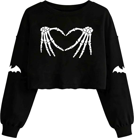 Women's Ghost Witch Crop Sweatshirt Fall Halloween Long Sleeve Pullover - skull sweatshirts