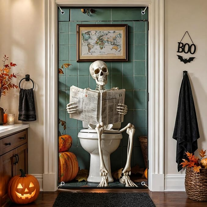 AnyDesign Halloween Skeleton Restroom Door Cover Reading Newspaper Skeleton Toilet Door Cover Hanging Banner Decor for Bathroom Halloween Party Accessory Decoration, 35 x 71 Inch - skull toilet paper