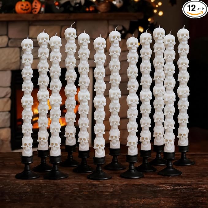 12 PCS Halloween White Skull Taper Candles