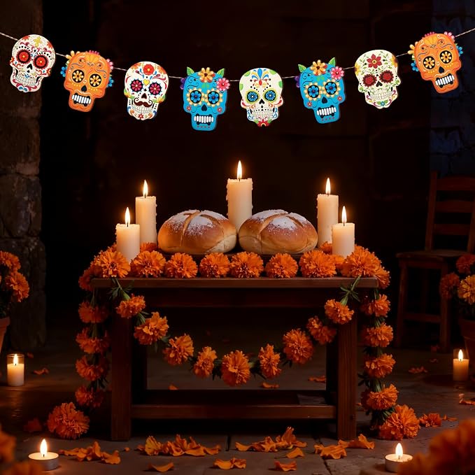 Dia De Los Muertos Decorations, Wooden Sugar Skull Decorations Banner - skull figurine